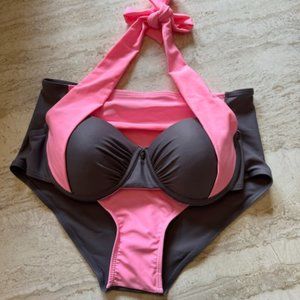 Pink and Gray Two-Piece Woman's Swimsuit Pin Up Style